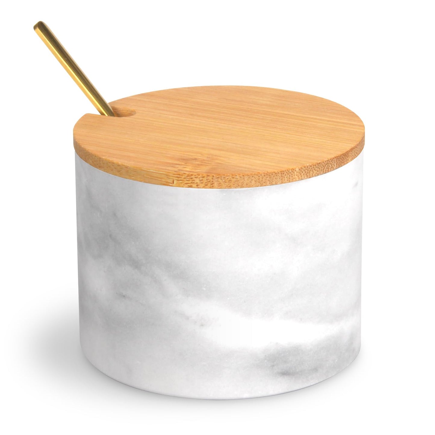 HESHIBI Marble Salt Cellar Box with Bamboo Lid & Metal Spoon, Modern Stone Salt or Pepper Sugar Spice Seasoning Bowl Container Jar Holder Well Keeper Dish Pig Crock for Kitchen (Light Grey)