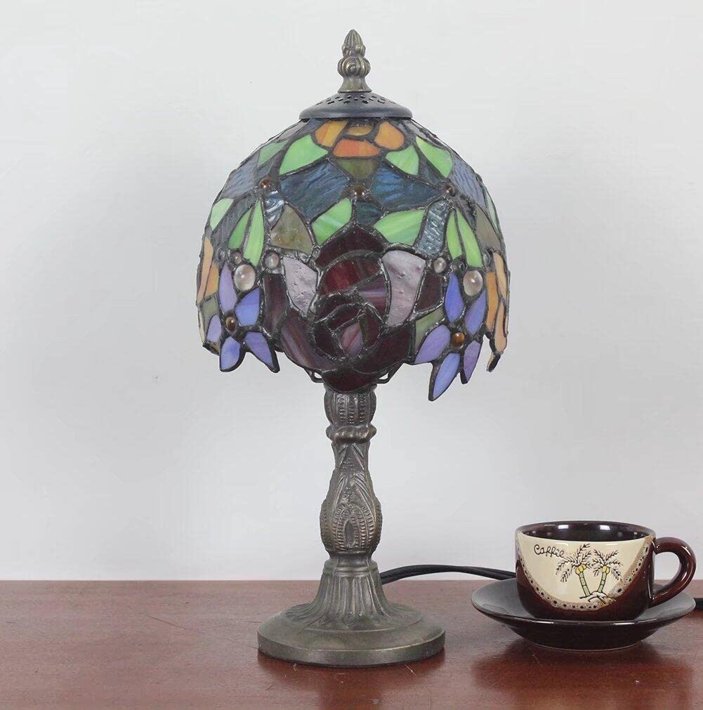 YINIETZSCHE Tiffany Style Table Lamp 8 Inch, Handmade Stained Glass Rose Shade Desk Lamp, Vintage Art Deco Bedroom Nightstand Light with Resin Base, Includes Warm Light Bulb