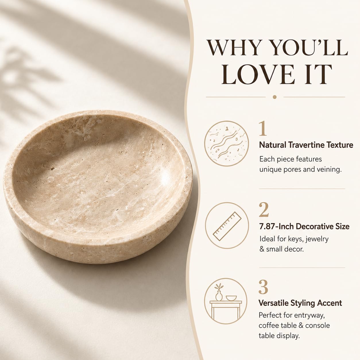 SIRIZEN-DIVING Large Travertine Decorative Bowl, 7.87-Inch Natural Stone Key Bowl and Catchall Bowl for Entryway Table, Coffee Table Centerpiece, Console Table and Living Room Decor