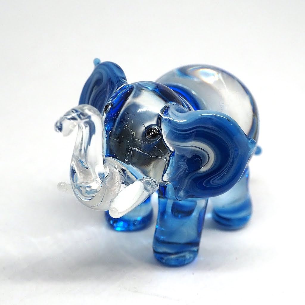 ZOOCRAFT Lucky Elephant Figurines Blue Hand Blown Art Glass Collectible Animal Ornament Gift Decor, 1.5 x 2.5 x 1.8 inches