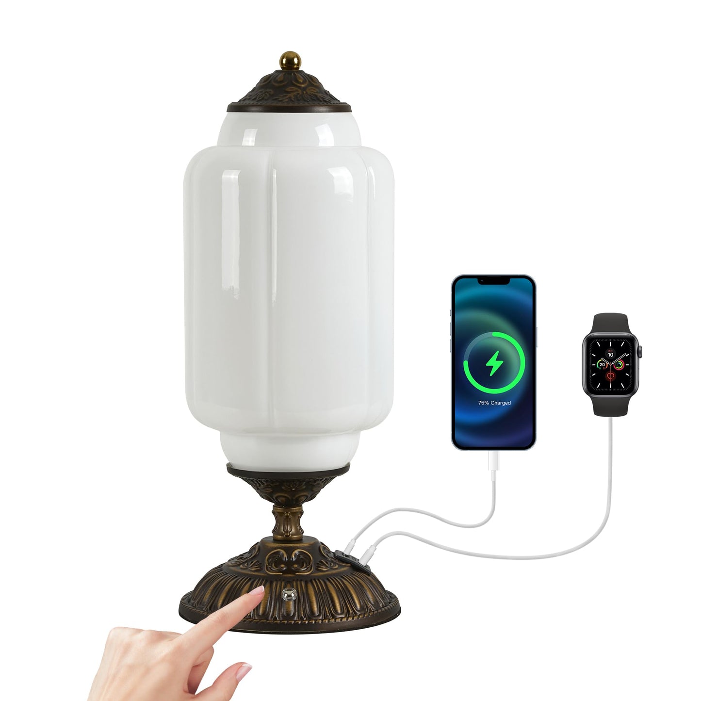 Vintage Milk Glass Table Lamp - 3 Way Dimmable Touch Control - White Bedside Lamps with USB C+A Charging Ports - Cute Art Deco Modern Living room End Table Lamp for Bedroom Nightstand Tabletop(Bulbx1)