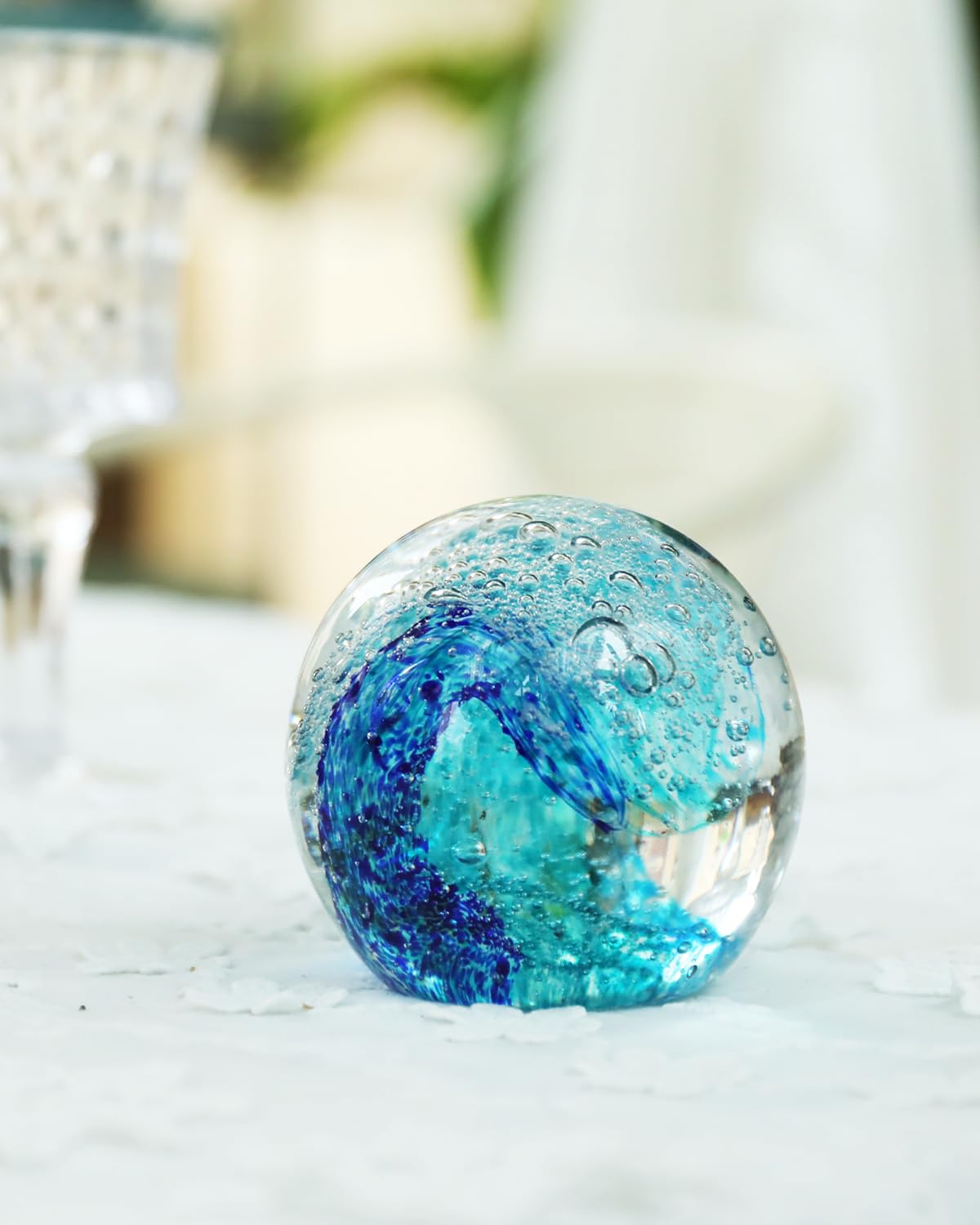 Bdor Hand Blown Glass Sphere Ocean Waves, Blue Paperweight, Decorative Ball, Sea Glass Art, Crystal Collectible, Home & Office Decor, Gift, Mother Day