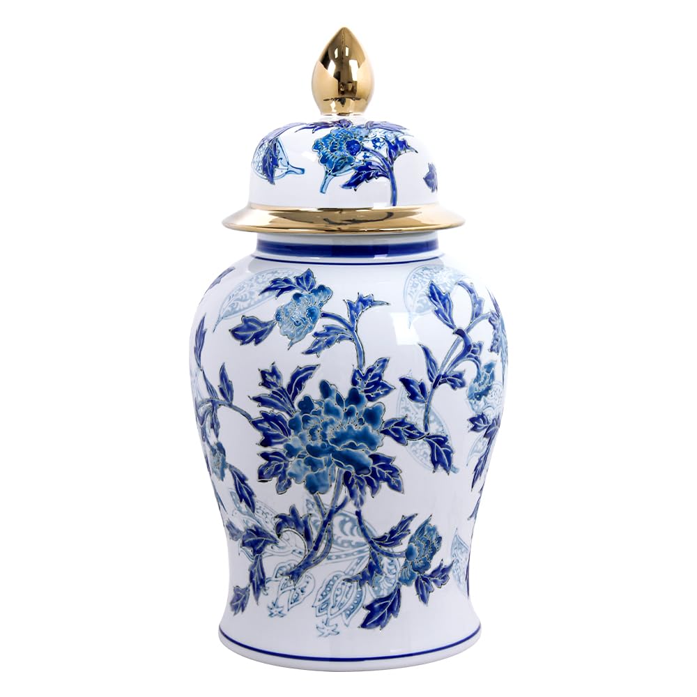 Andaliz Large Blue and White Ceramic Ginger Jar with Gold, 18.1 Inch Floral Vase Floor Decor for Living Room, Entryway Home Accent