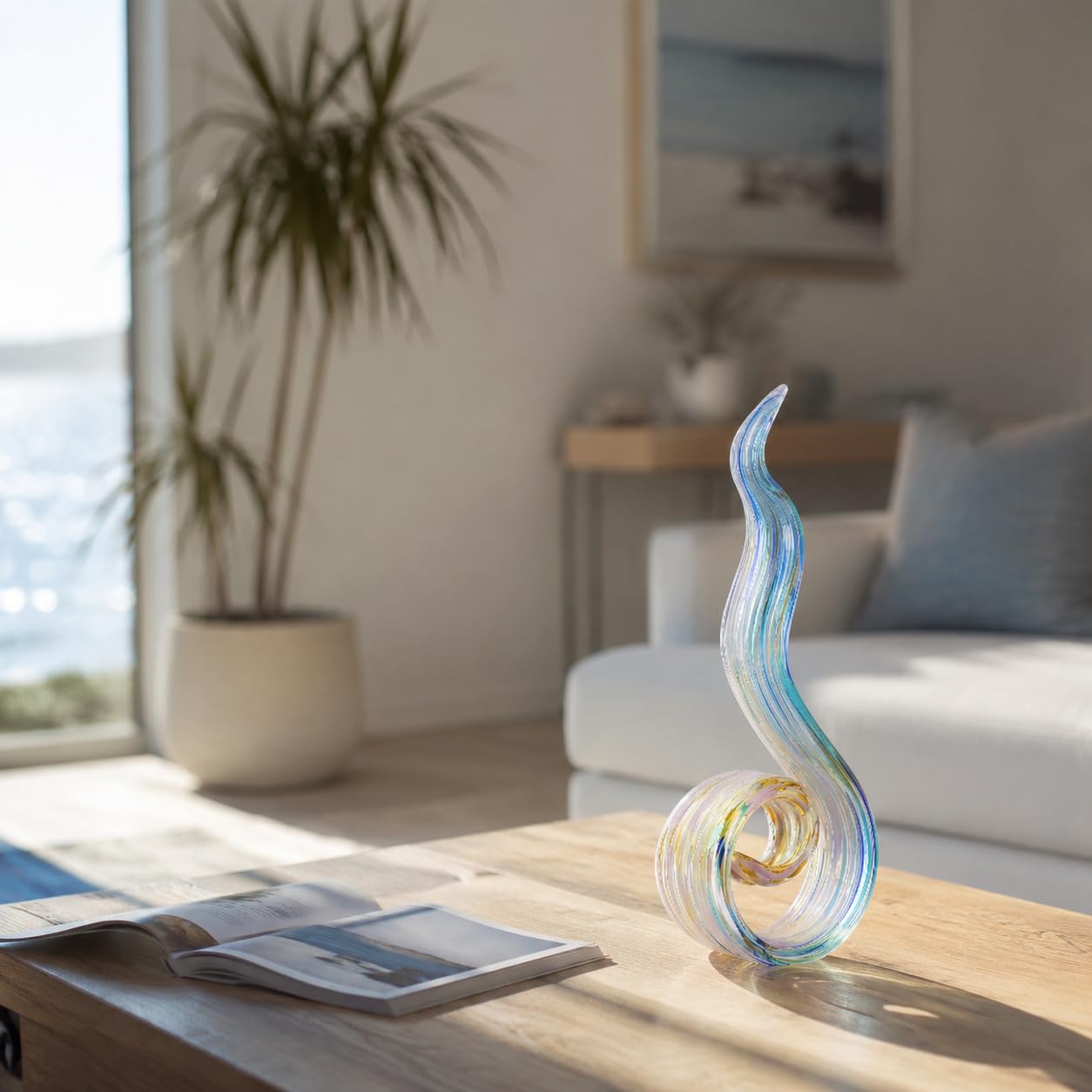 WUBIANJIE Glass Sculptures Home Decor, Hand Blown Art Glass Statue, Abstract Wave Flame Figurine for Living Room Shelf Tabletop Entryway Decorative Indoor Accent