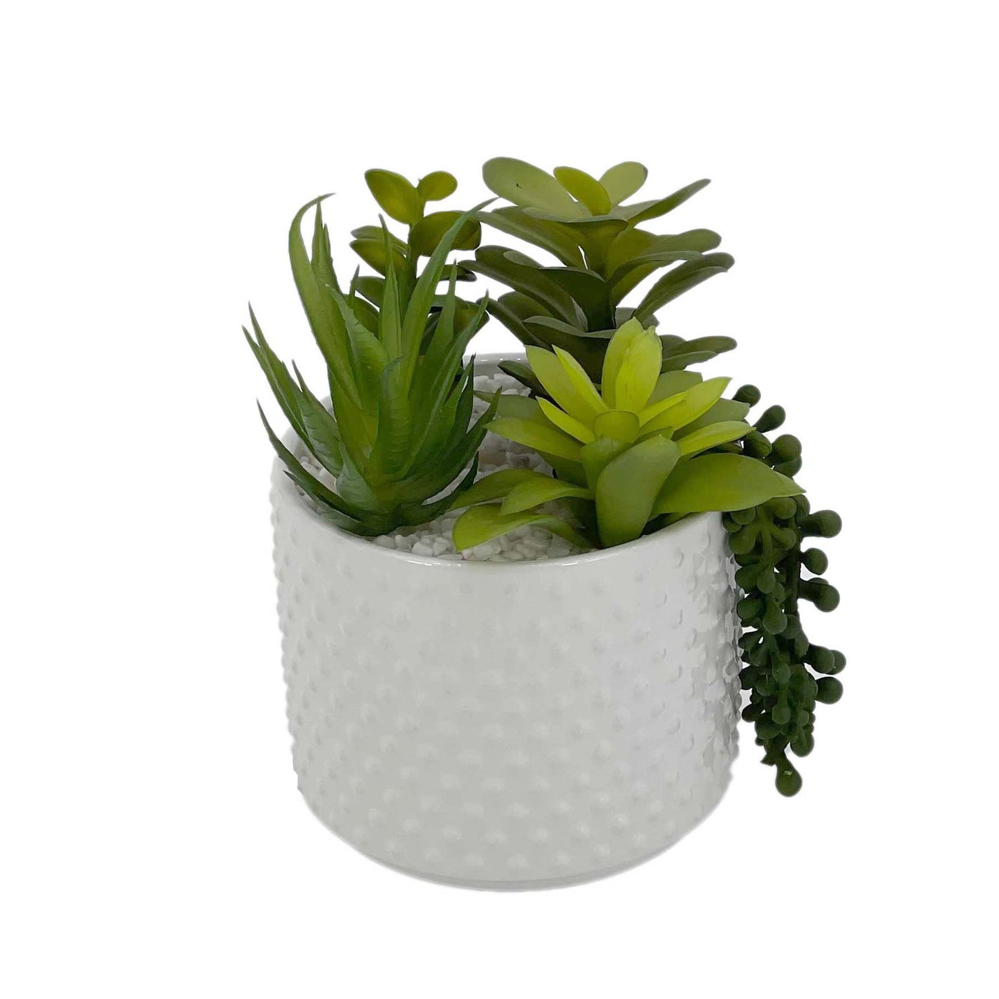 Galt International Faux Assorted Succulent Arrangement in White Dimpled Ceramic Porcelain Pot Planter 7.87" Tall | Home Decor Living Room Kitchen Washroom Restroom Office Plant