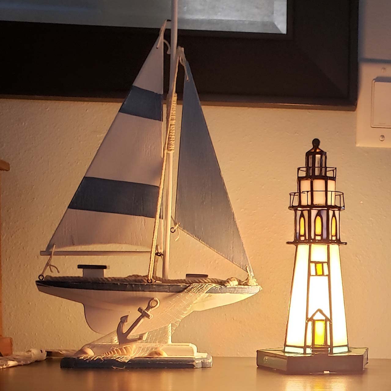 Bieye L10221 Lighthouse 10 inch Tiffany Style Stained Glass Accent Table Lamp for Home Decor