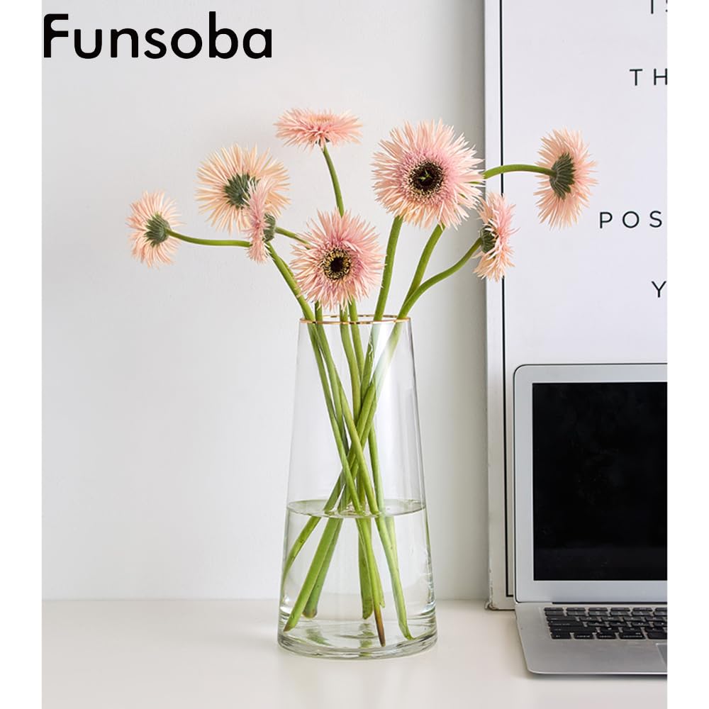 FUNSOBA Clear Glass Flower Vase with Gold Mouth for Centerpieces Home Wedding Decoration (1, Large 5.2" x 9.9“)