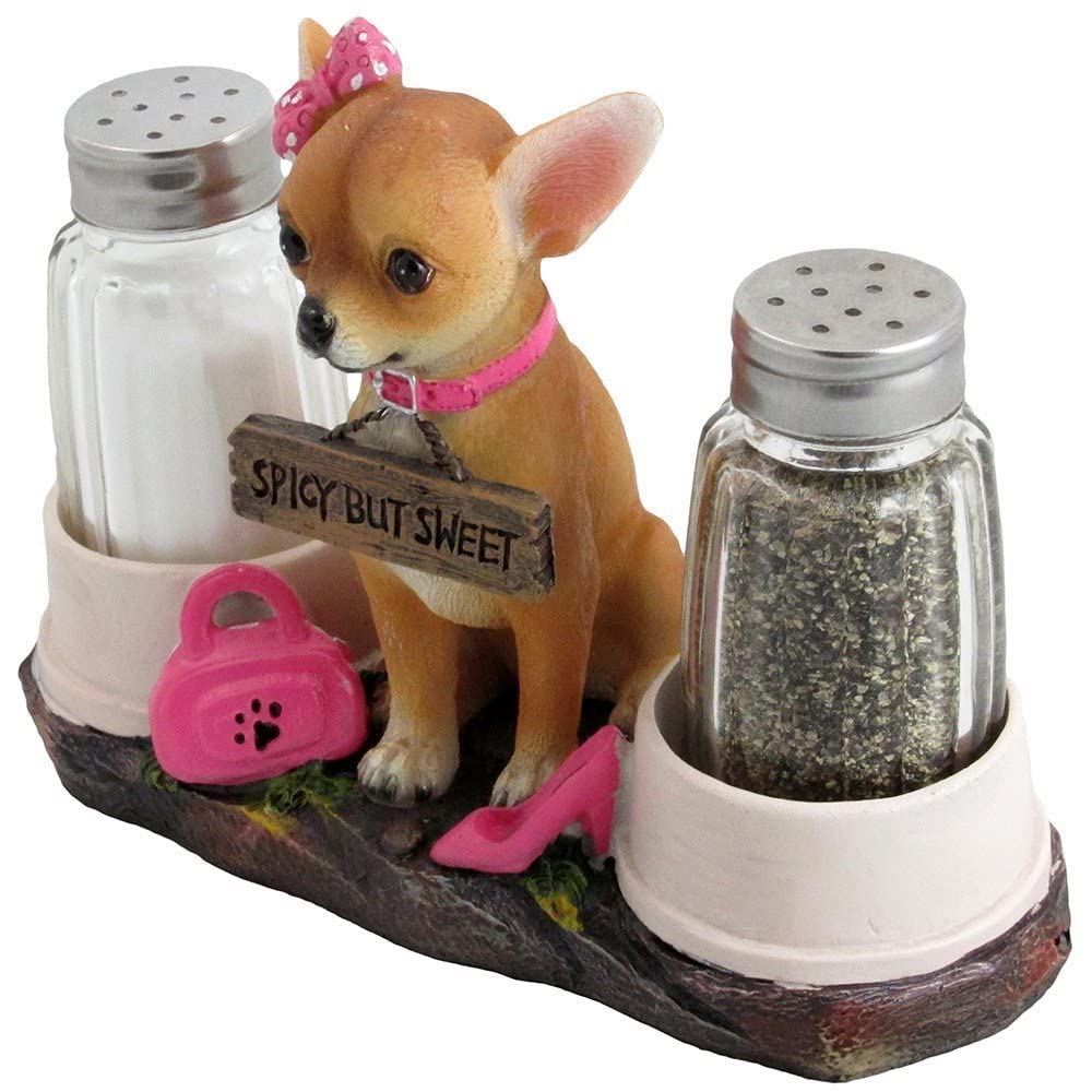 Pretty in Pink Girl Chihuahua Glass Salt and Pepper Shaker Set with Holder Figurine in Dog Statues & Sculptures and Decorative Southwestern Kitchen Decor Gifts