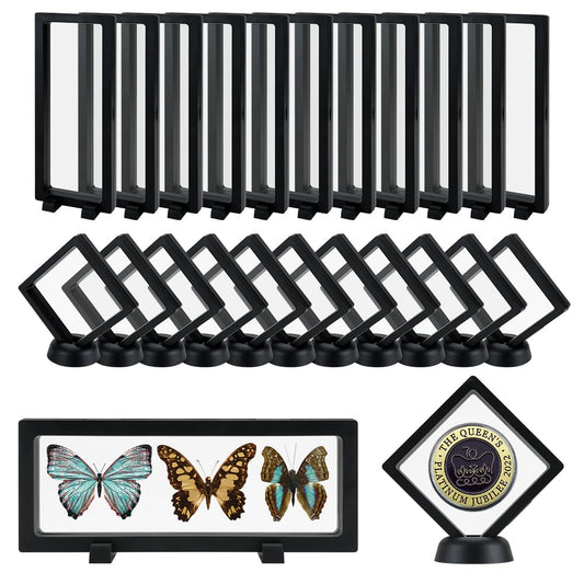 3D Floating Display Case, Transparent Film Jewely Storage Box, Black Challenge Coin Display Holder Stand for Antique Challenge Coins Medals Jewelry Shells Gems Minerals Rocks Specimen Pins (24Pcs)