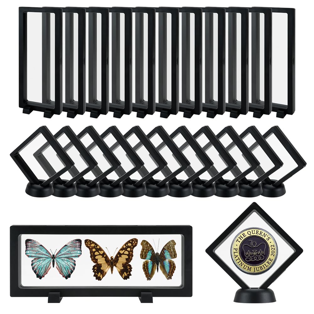 3D Floating Display Case, Transparent Film Jewely Storage Box, Black Challenge Coin Display Holder Stand for Antique Challenge Coins Medals Jewelry Shells Gems Minerals Rocks Specimen Pins (24Pcs)