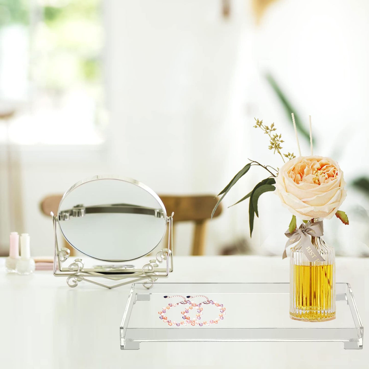 DELIPPLY Vanity Bathroom Tray, Acrylic Rectangle Decorative Catchall Organizer Storage Tray (Large-Clear)
