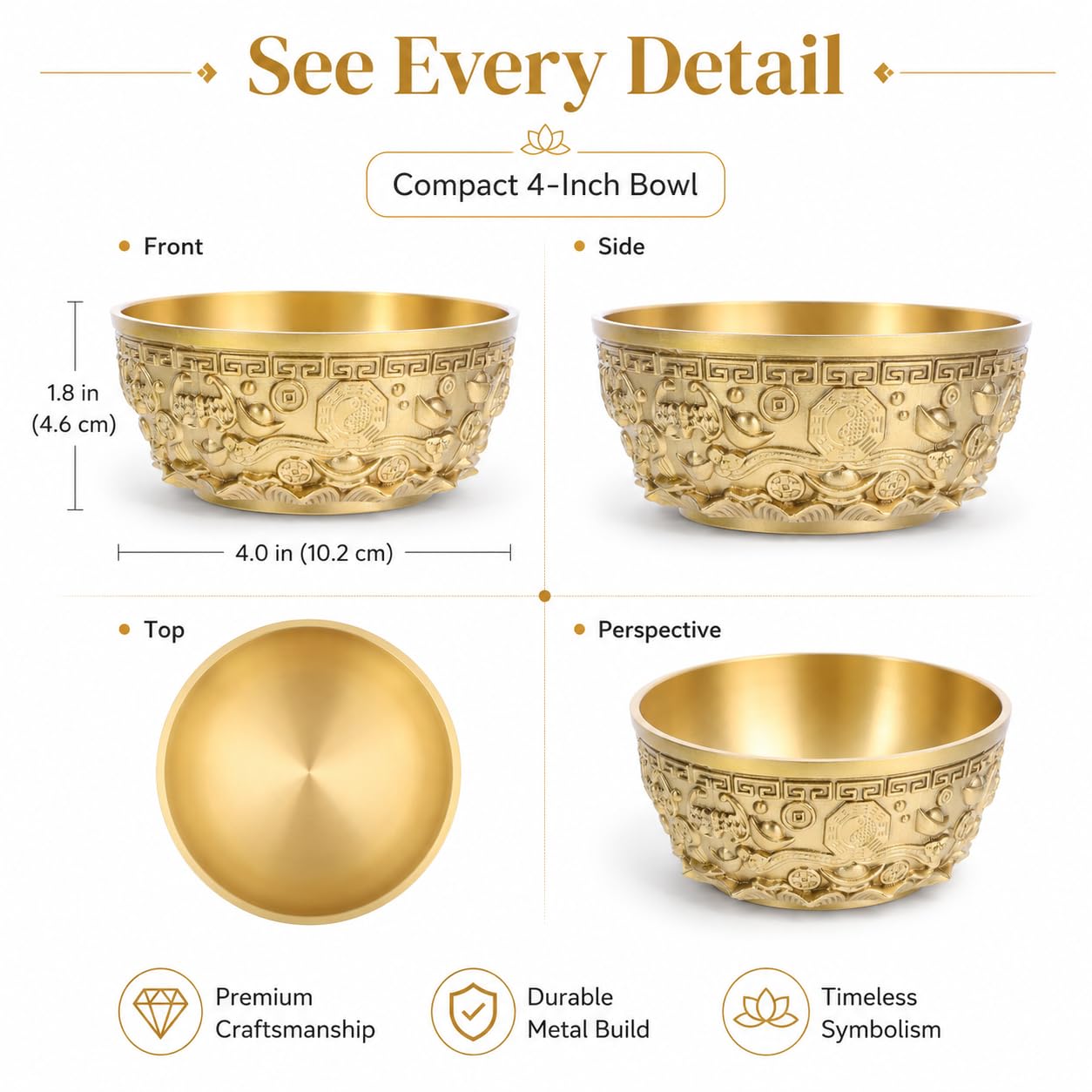 DECHOUS Brass Treasure Bowl 4 Inch Feng Shui Wealth Money Basin Decorative Chinese Style Golden Home Office Centerpiece