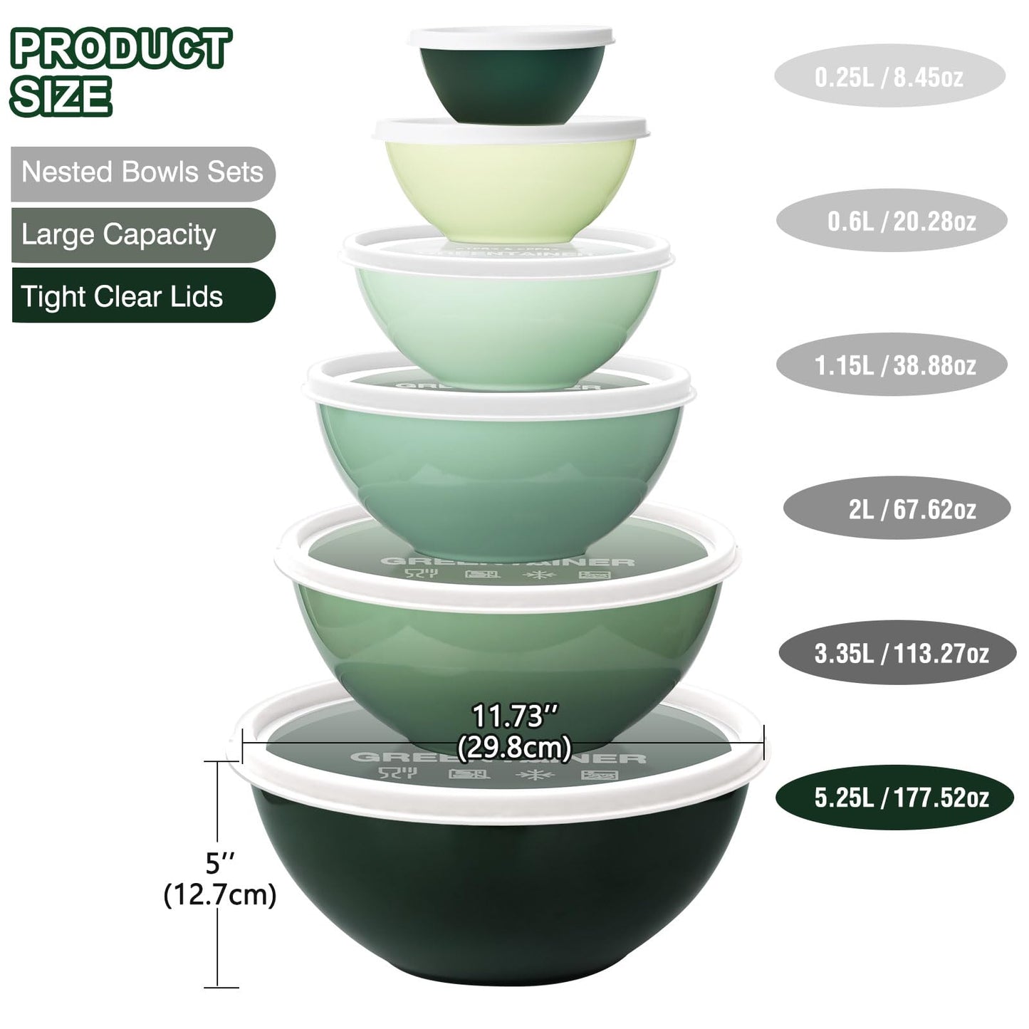 Greentainer Plastic Mixing Bowls with Lids Set for Kitchen, 6 Set Nesting Bowls for Mixing, Baking, Prepping, Cooking and Serving Food, Mixing Bowls Dishwasher, Microwave Safe