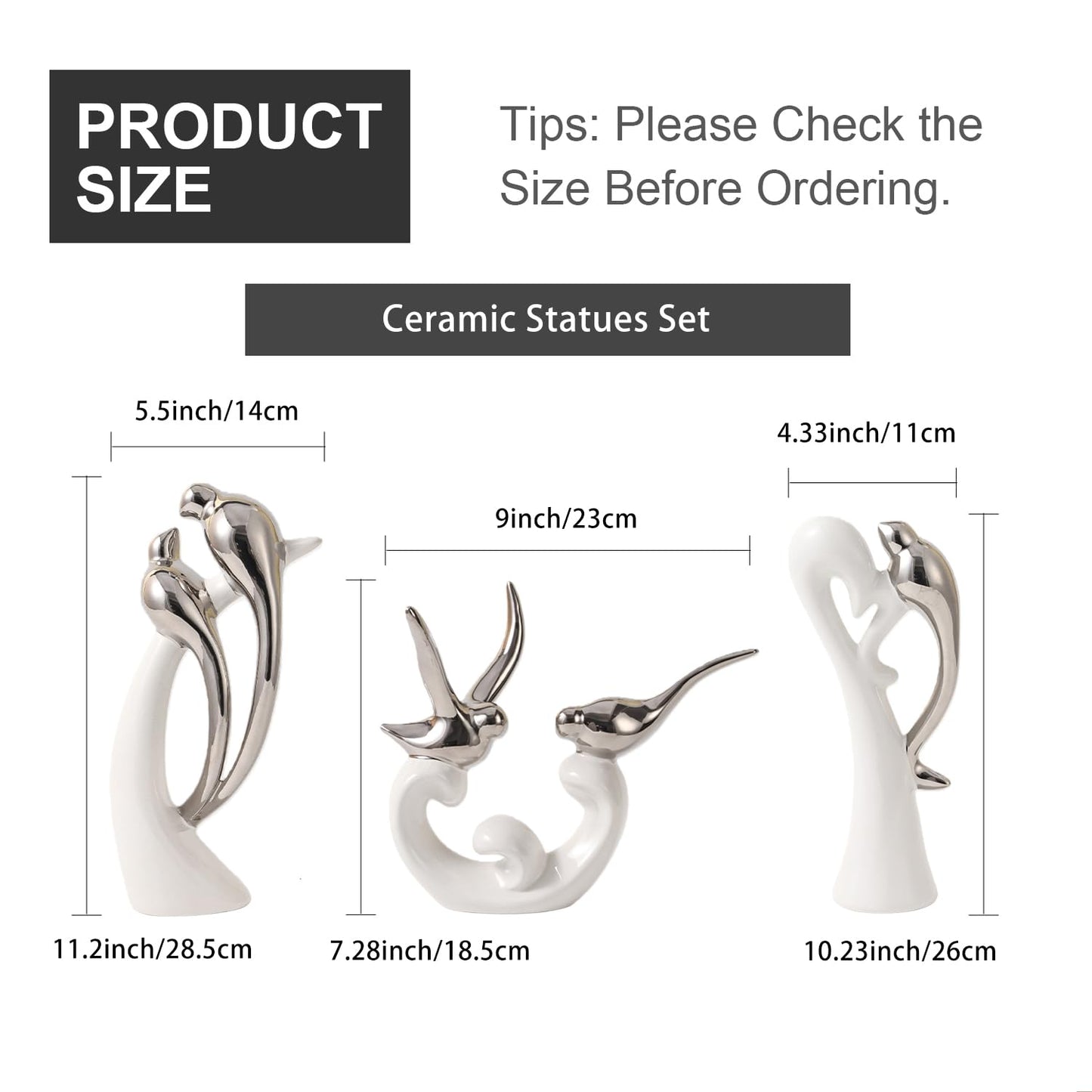 Dneuoir Ceramic Statues Set of 3, Birds and Base Sculpture Modern Home Decor Aesthetic Abstract Decorative Statue for Living Room Bedroom Bookshelf Dining Table Centerpiece Office (White and Silver)