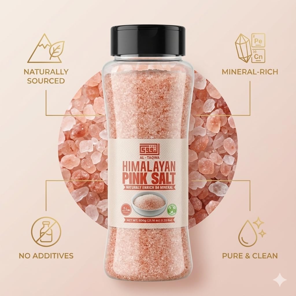 AL-TAQWA Himalayan Pink Salt – Fine Grain, 100% Natural & Unrefined – Ideal for Cooking, Baking, and Seasoning – Gourmet Pink Sea Salt in container, 600gm