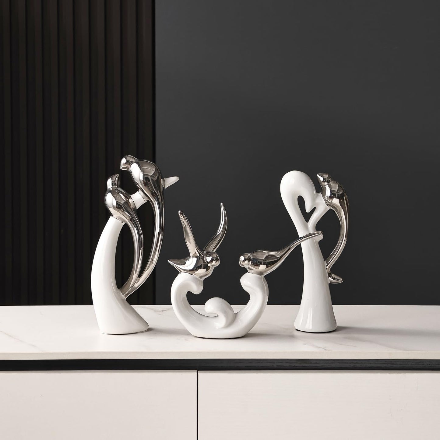 Dneuoir Ceramic Statues Set of 3, Birds and Base Sculpture Modern Home Decor Aesthetic Abstract Decorative Statue for Living Room Bedroom Bookshelf Dining Table Centerpiece Office (White and Silver)
