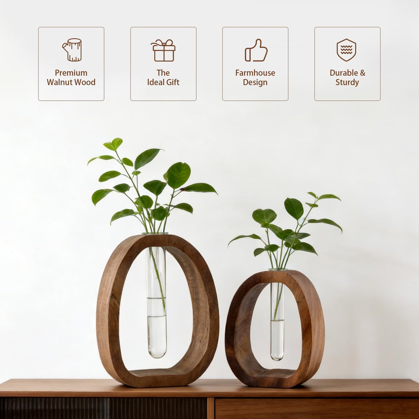 Set of 2 Glass Test Tube Vase Walnut Wood, 5.7” & 3.9” Modern Farmhouse Propagation Stations for Home Decoration, Table Centerpieces, Desk Hydroponic Planter (Large+Small)