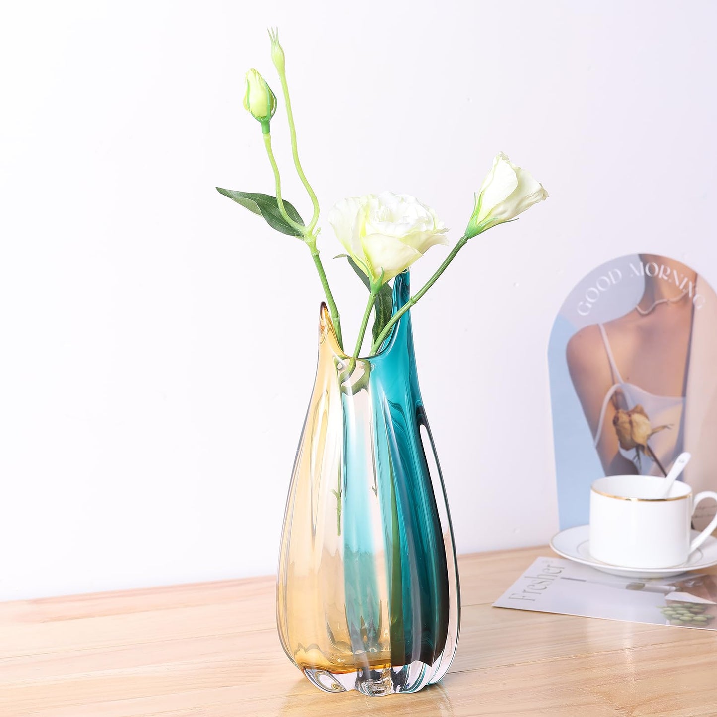 Hand Blown Glass Vase, Medium Wide Mouth Flower Vase Unique Modern Turquoise Glass Art Decor, Nonbreakable Vases for Table Centerpieces Living Room De
