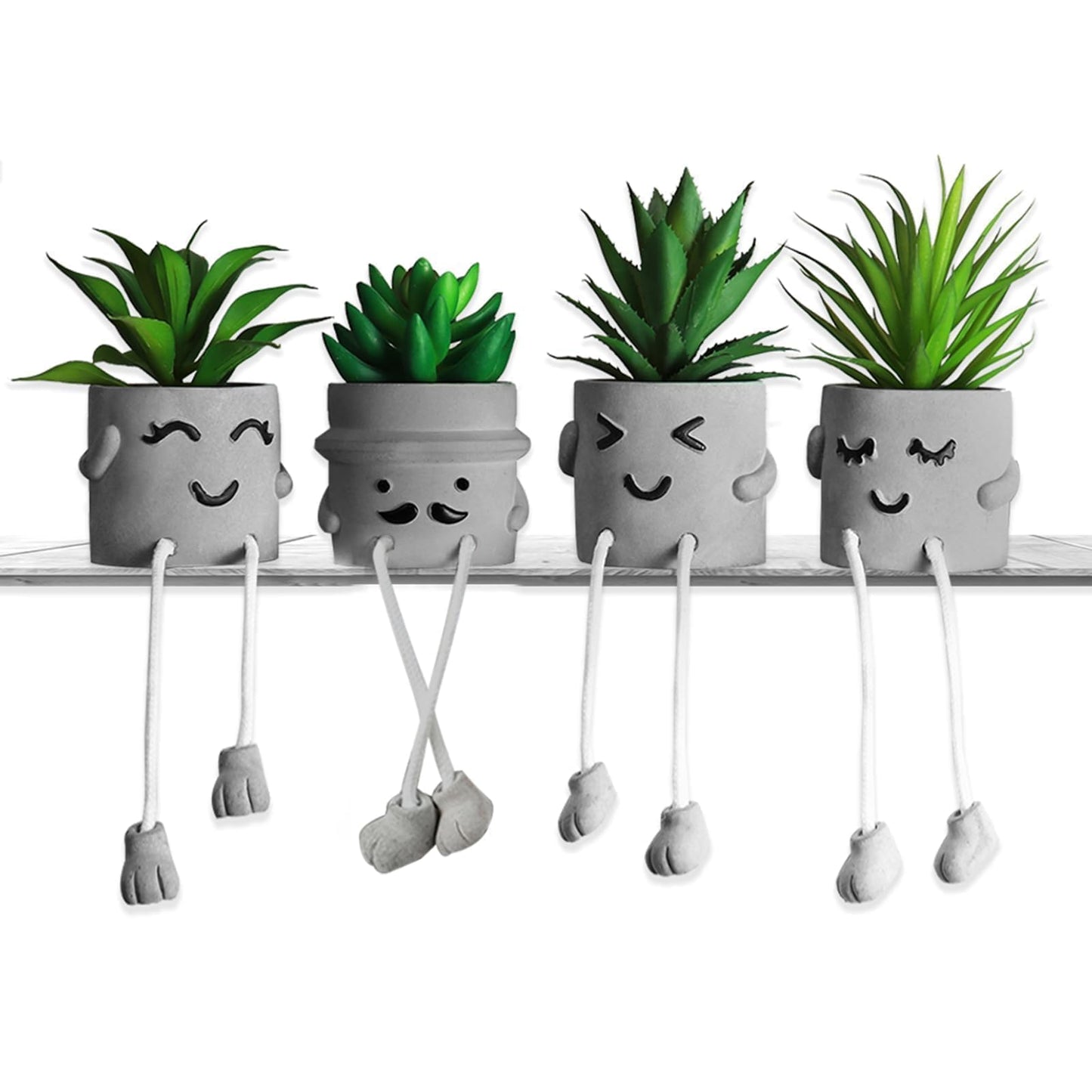 MAKHOT 4 Pcs Creative Artificial Succulent Plants with Cement Pot, Fake Small Plant for Desk Faux Succulents for Bathroom Decor, Mini Plants Succulent Cute Hanging Leg Potted for Office Shelf Decor