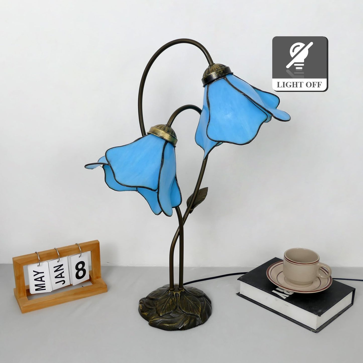 VirtueKing Blue Lotus Stained Glass Lamps Double Headed Desk Lamp 2-Light Tiffany Table Lamp 8" Wide 24" Tall Tiffany Style Table Lamp LED Bulb Included