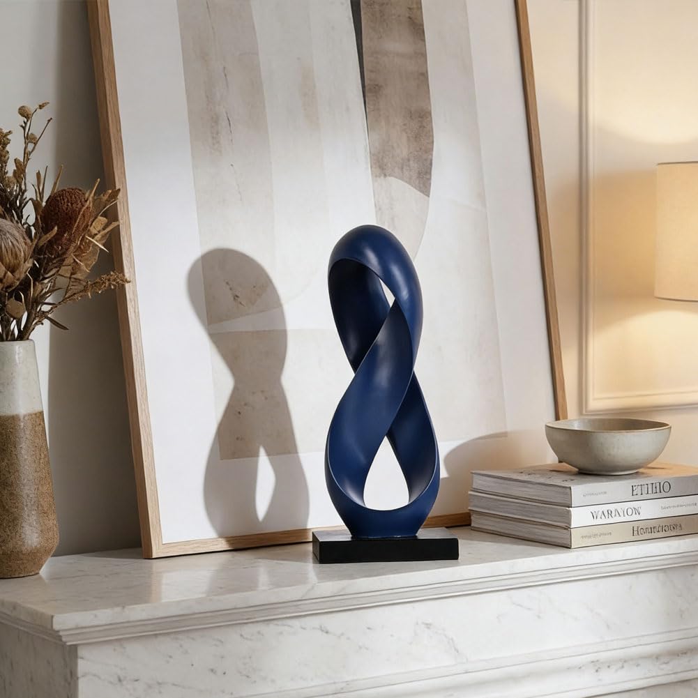 QIANLING 14.6" Tall Abstract Blue Knot Sculpture, Modern Resin Infinity Loop Statue, Modern Tabletop Decor for Coffee Table, Bookshelf, Mantel, Entryway, Living Room Office Accent Centerpiece