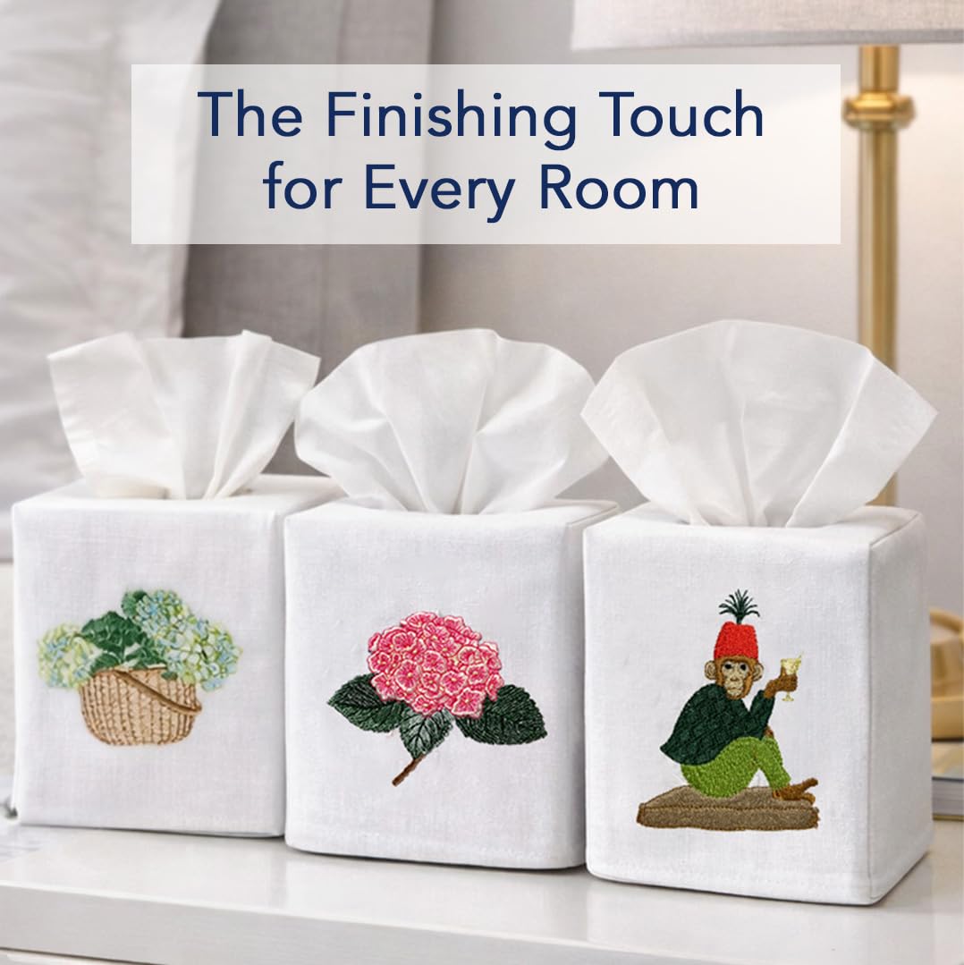 Jacaranda Living Square Tissue Box Cover, Linen/Cotton Fabric Tissue Holder, Decorative Cloth Tissue Cube Cover, Botanical Designs, Apple Blossom (White)