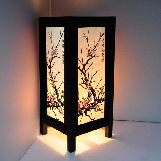 RED BERRY THAILAND LANNA LAMP-Cherry Blossom Japanese Oriental Lamp, Handmade 11" Wood Table Lamp, Asian Vintage Lighting for Home Décor GW45