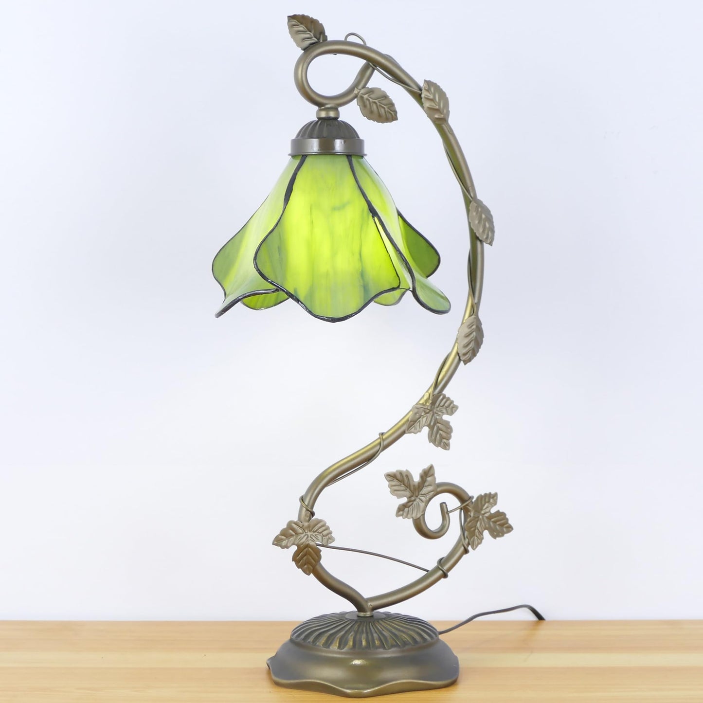 WFAYNTIFL Tiffany Table Lamp Green Yellow Morning Glory Style 8X10X21 Inch