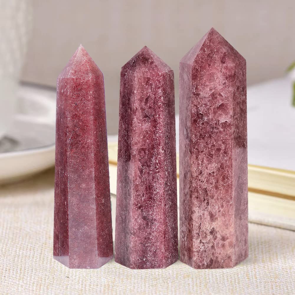MOGEMT Large Strawberry Quartz Crystal Tower Natural Healing Crystal Point Wand Obelisk 6 Faceted Reiki Chakra Meditation Therapy Home Decor Gift 1.5-2 LBS