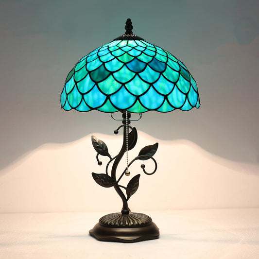 TFNALNB Tiffany Table Lamp, Stained Glass Blue Green Dragon Scale Lamp,Metal Leaf Base Decor Lamp, 12x12x19 Inch for Bedroom, Living Room, Home, Office