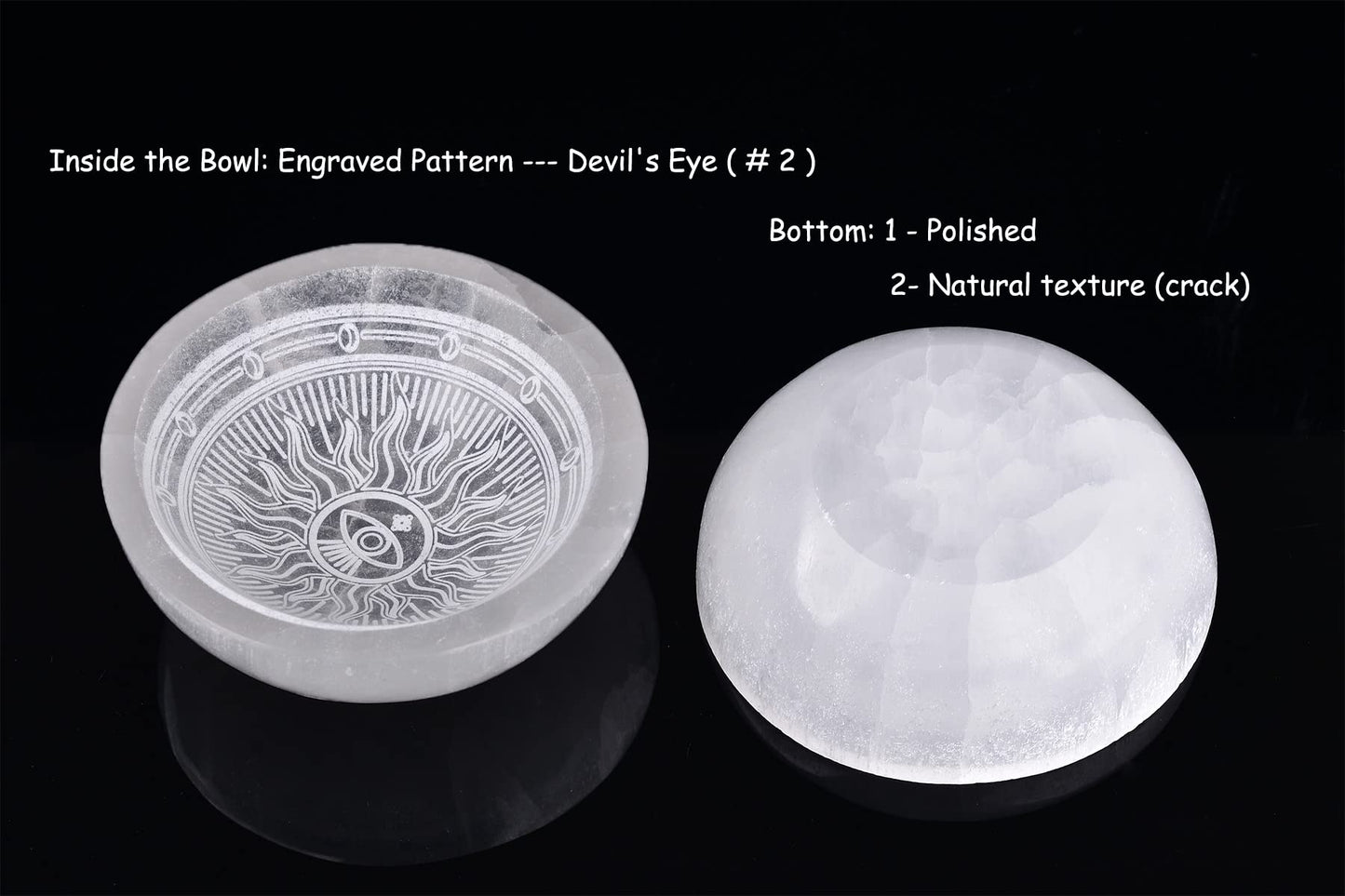 AMOYSTONE Selenite Crystal Bowl 4" Round Jewelry Crystal Charging Station Dish Etched Pattern Demon Eye #2
