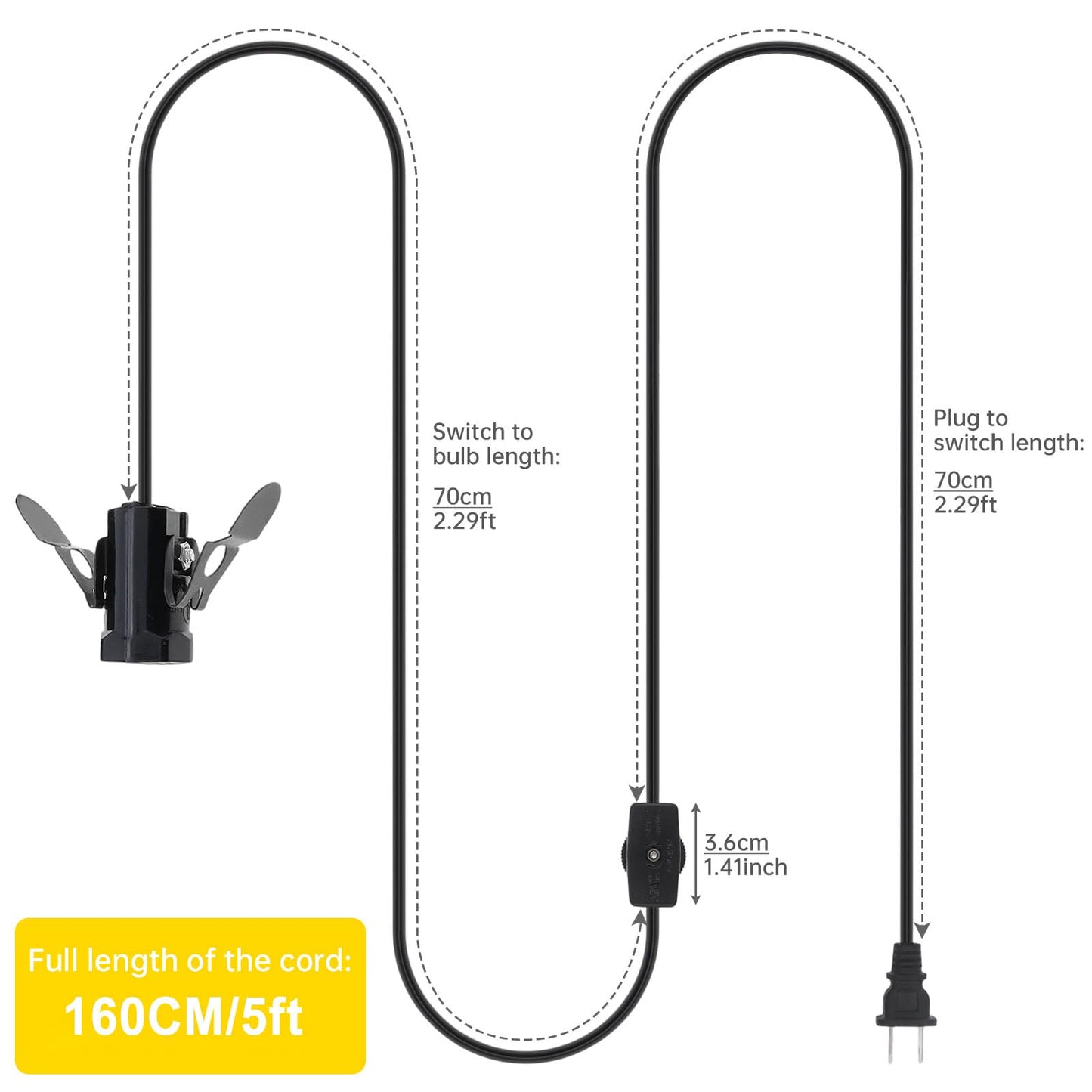 RTNLIT Salt Lamp Cord Replacement with Rotary Switch Plug, Clip-in Lamp Cord for Salt Lamps, Christmas Village Accessories, Blow Mold Light Kit, E12 Light Bulb Socket (Black, 4.9 feet)