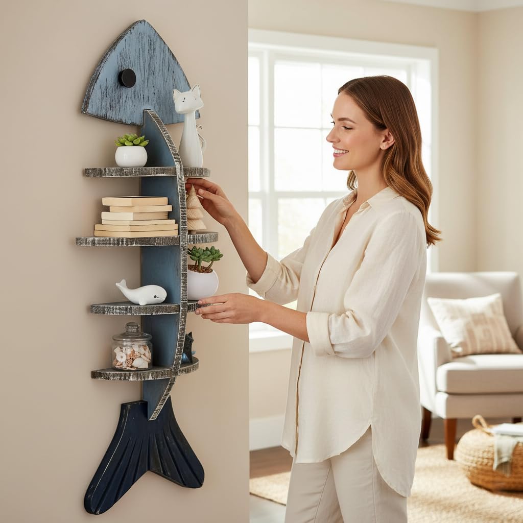 XYZWOMN Fish Bone Wall Decor Display Shelf, Mediterranean Style Wooden Coastal Wall Art, Rustic Nautical Marine Hanging Organizer for Beach House, Bedroom, Unique Ocean Theme Decoration