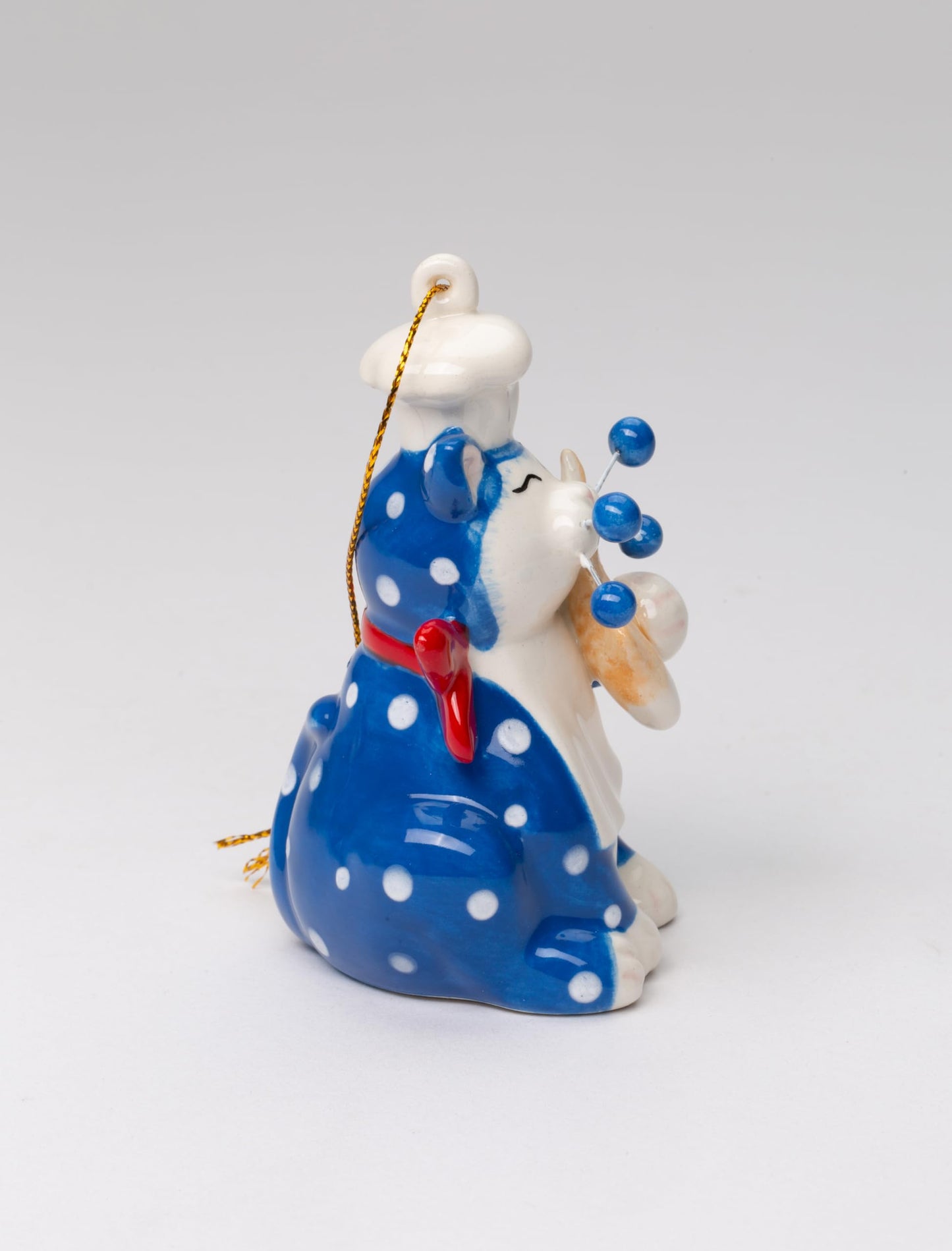 Fine Ceramic Whisker Cat Collection - Blue Chef Cat Holding Fish Figurine Ornament by Amy Lacombe, 3-1/2" H