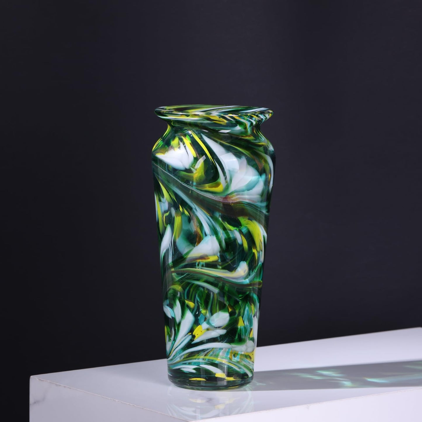PlivBloom Green Hand Blown Glass Vase – Tall Speckled Decorative Centerpiece in Murano Style for Dining Table, Coffee Table, Mantel, Entryway, or Bookshelf in Coastal or Modern Decor (Green)