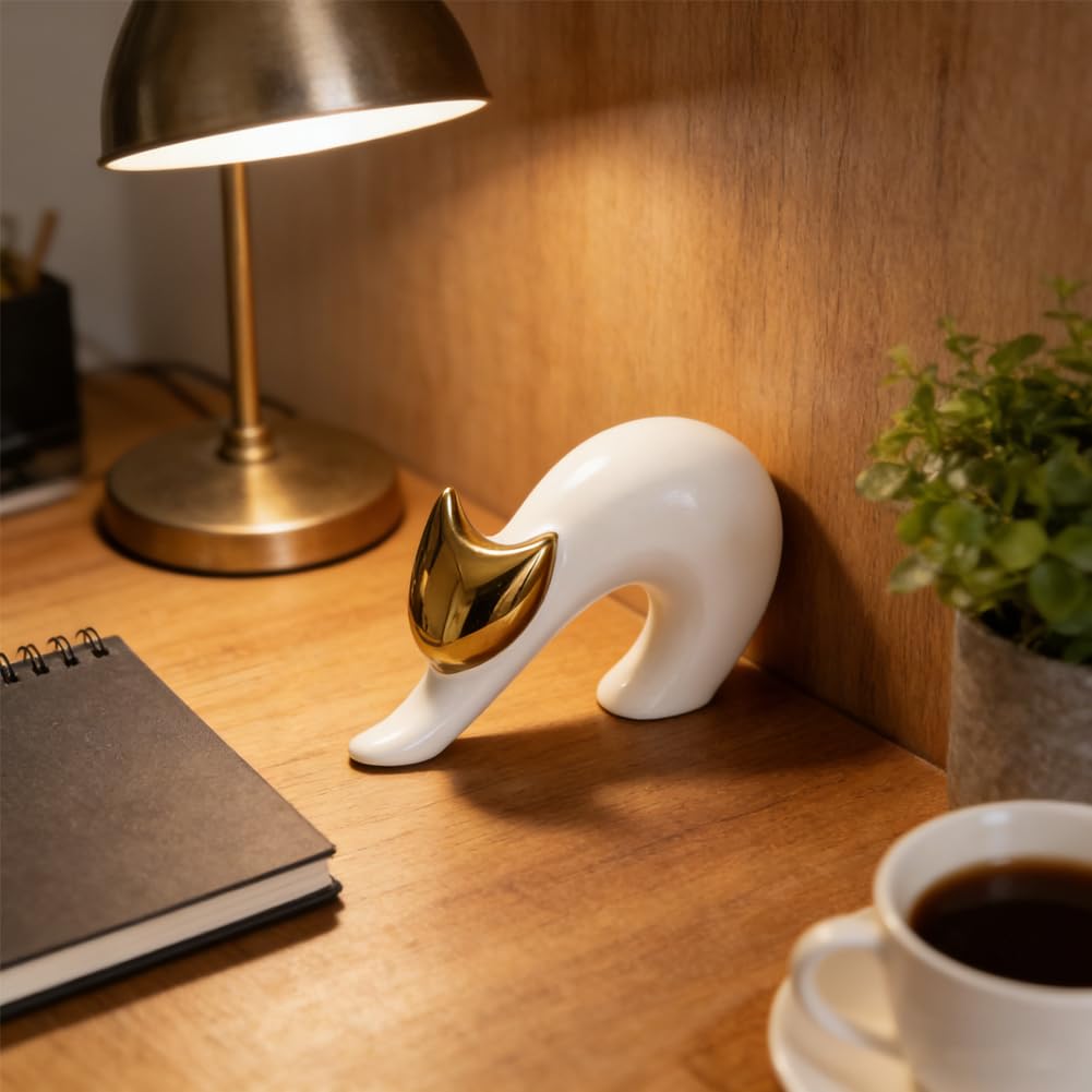 XIYOUQI Cat Statues Home Decor White Ceramic Cat Figurine, Gold Cat Figurine Accent, Modern Cat Sculpture 7.9in, Desk Cat Statue for Office Shelf