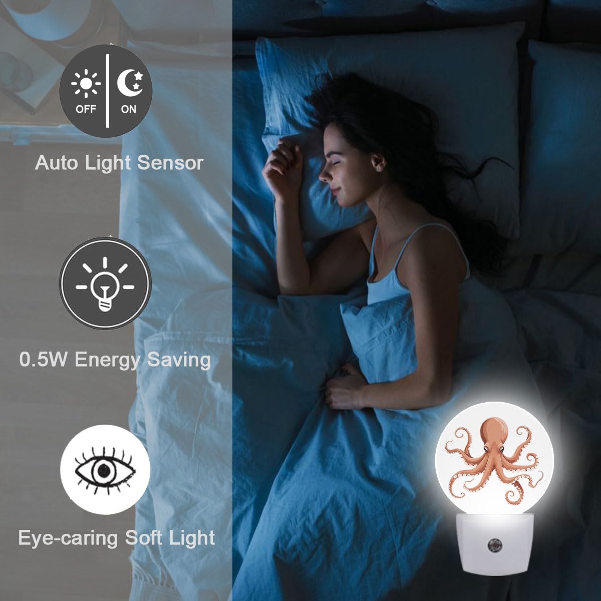 Vanphai Octopus Plug in Night Light Auto Light Round Lamps Energy Saving Gift for Women Men Friends
