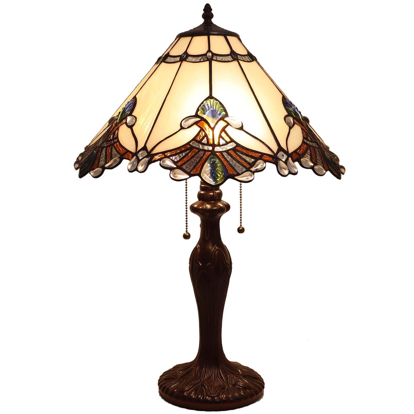 Bieye L10025 Baroque Tiffany Style Stained Glass Table Lamp with 17 inches Wide Handmade Lampshade for Bedside Bedroom Living Room, 26-inch Tall (White)