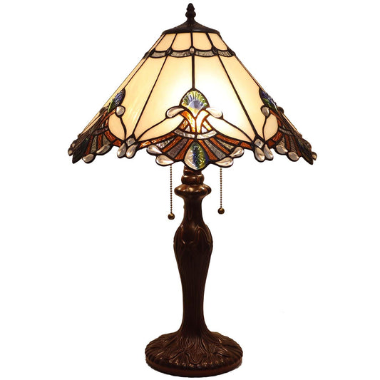 Bieye L10025 Baroque Tiffany Style Stained Glass Table Lamp with 17 inches Wide Handmade Lampshade for Bedside Bedroom Living Room, 26-inch Tall (White)