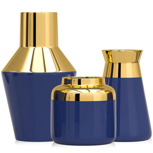 Gold Vase Set of 3 for Modern Home Decor,Ceramic Decor for Centerpieces,Aesthetic Room Decor for Living Room,Mantel,Shelf,Watertight Electroplated Vase for Fresh Flowers,Gift for Housewarming (Blue)