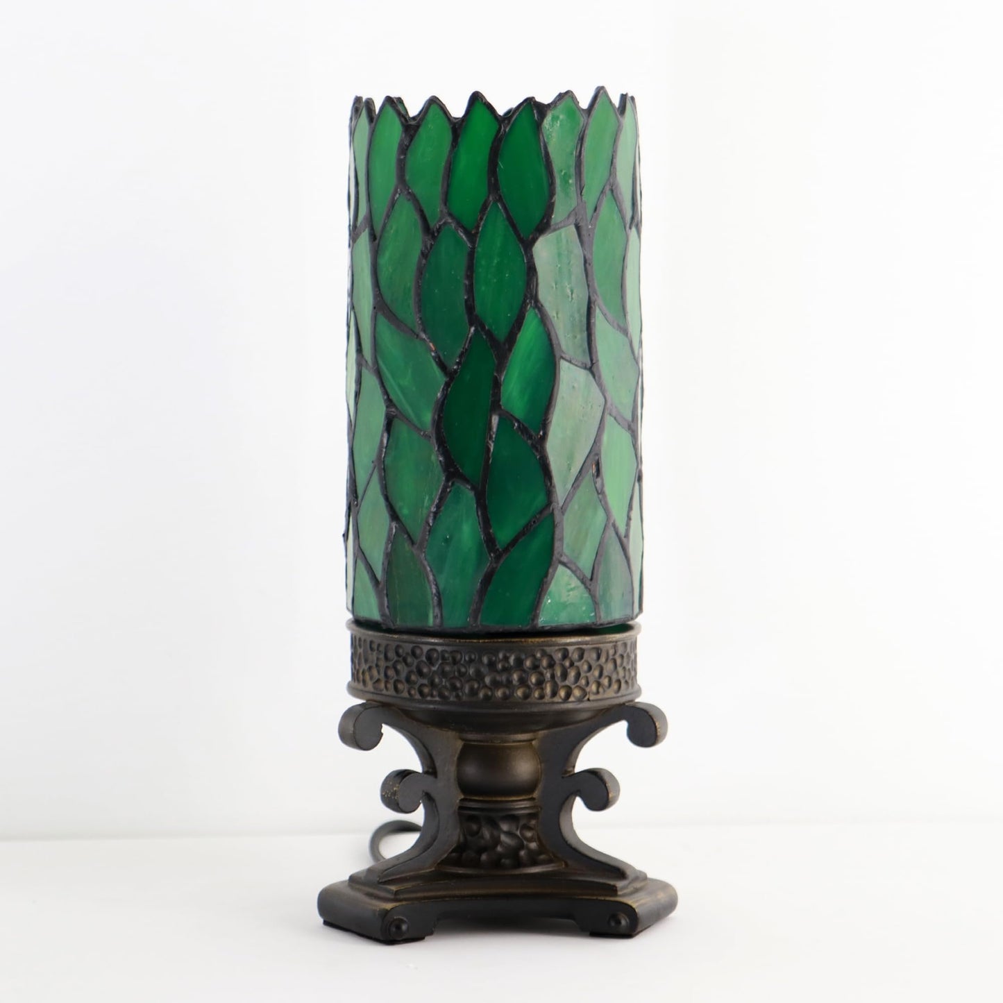 LXHCYOU Small Tiffany Stained Glass Table Lamp Mini Candle Desk Night Light with Bronze Resin Base 4" D x 4" W x 10.5" H Green Wisteria