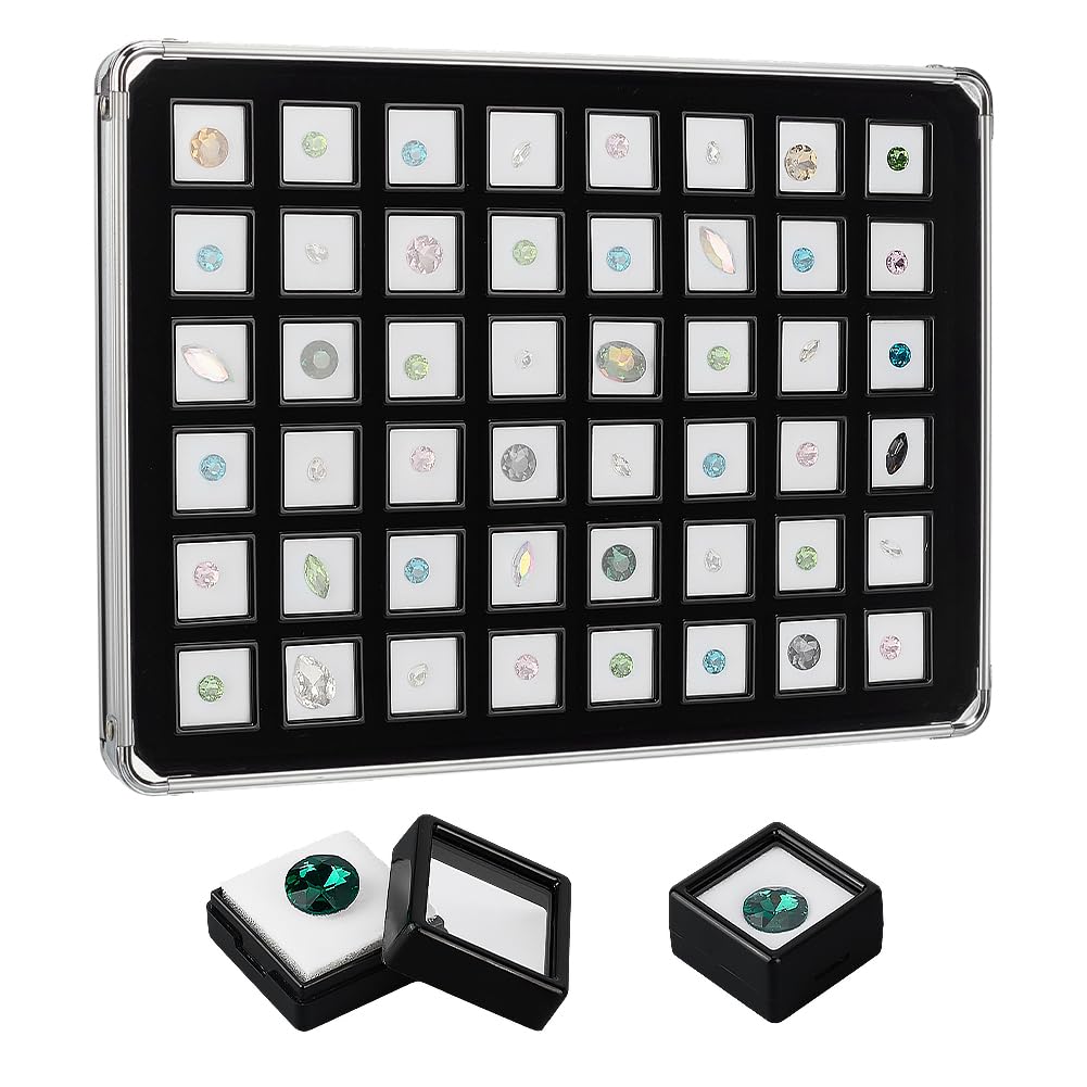 PH PandaHall Gemstone Storage Box 48pcs Loose Diamond Displays Tray Aluminum Crystal Organizer Jar Gem Display Case Jewelry Containers Box with Foam Insert for Beads Rhinestone Jewelry Collection