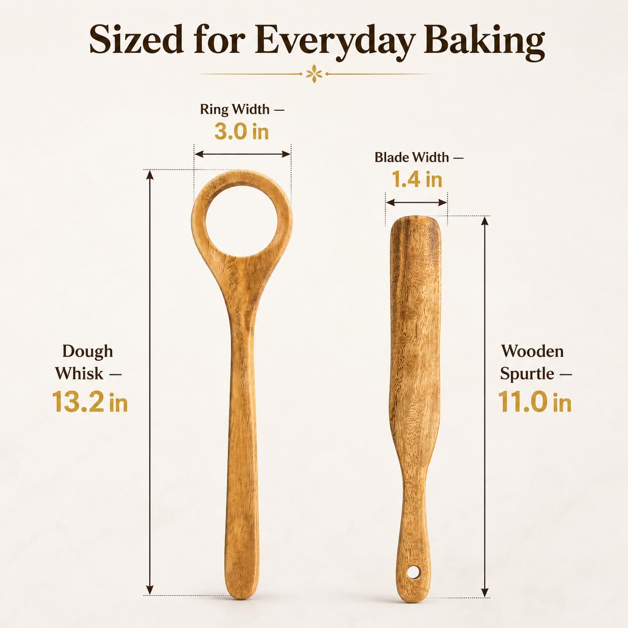 Wooden Dough Whisk & Spurtle Set, 2 Pcs Acacia Wood Sourdough Mixing Tools, Danish Dough Whisk Alternative, Nonstick Safe Stirring Stick for Bread, Batter, Sauce & Jar Mixing, 13 Inch
