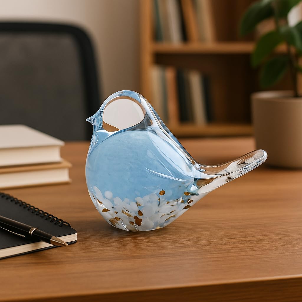 WUBIANJIE Hand Blown Glass Bird Statue Collectible Animal Art Paperweight, Living Room Bedroom Bookshelf Coffee Table Small Ornaments Shelf Home Decoration (Blue)