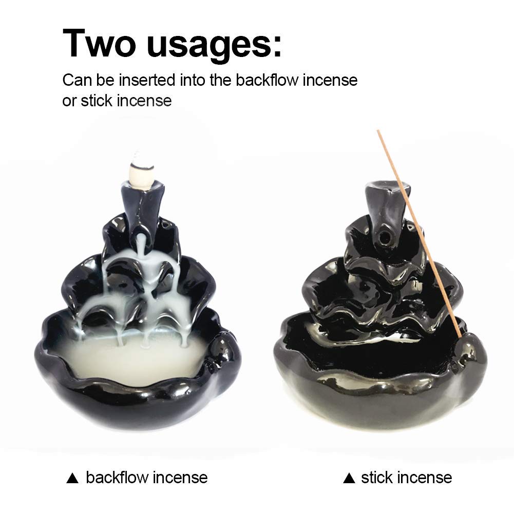 Waterfall Incense Burner Backflow Ceramic Inscents Cone Stick Holder with 10 Cool Back Flow Cones Incent Set