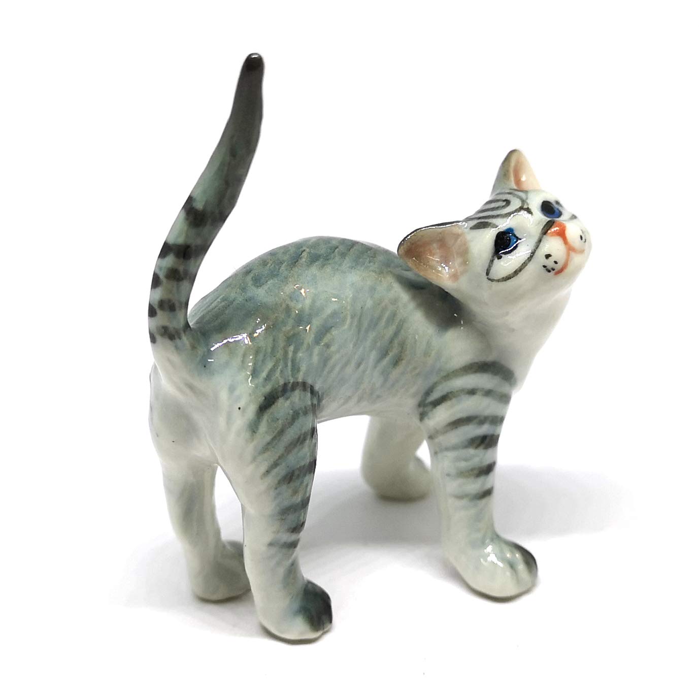 ZOOCRAFT Ceramic Cat Figurine Miniatures Stretching Gray Pet Lovers Collectibles Hand Painted Animal Poecelain