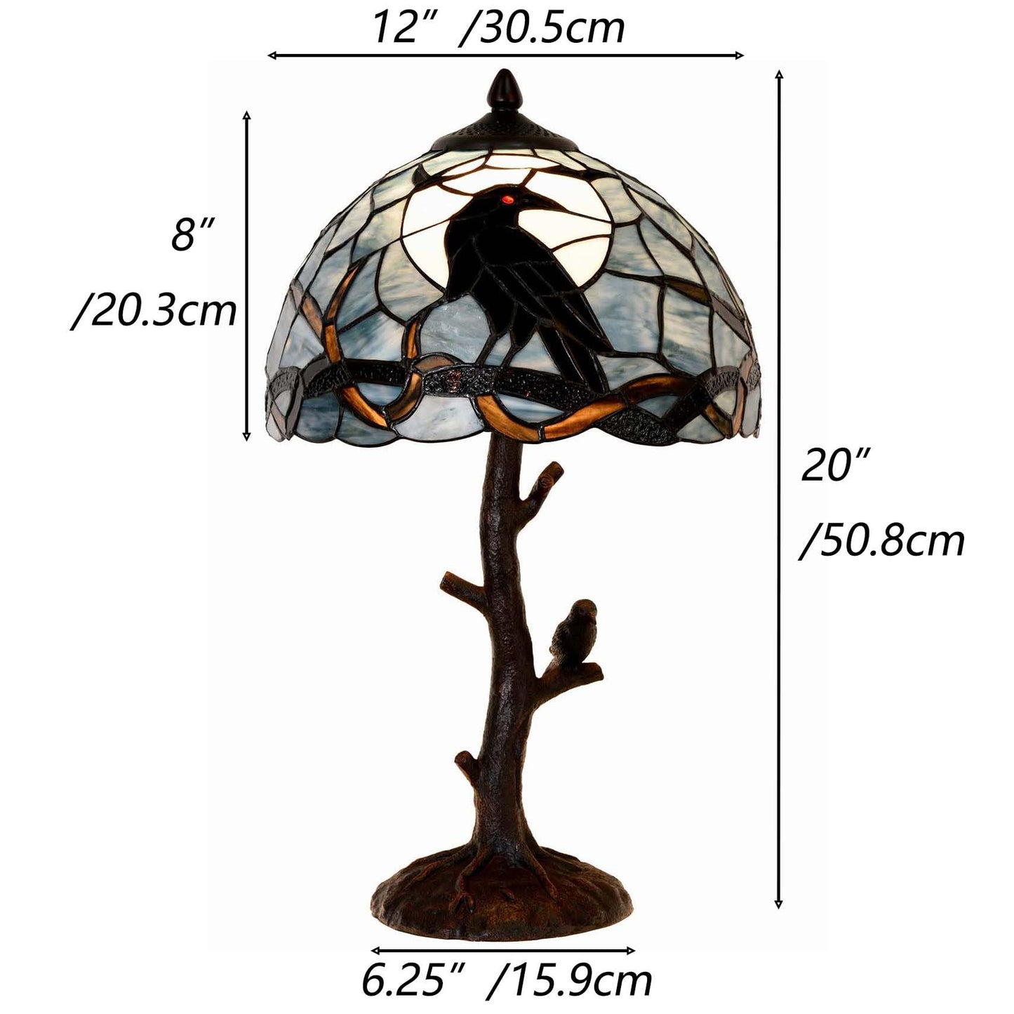 Bieye L10956 Raven Sitting on Bare Tree Branch in Full Moon Night Tiffany Style Stained Glass Table Lamp for Home Decor (Dark Blue, 12Wx20H)