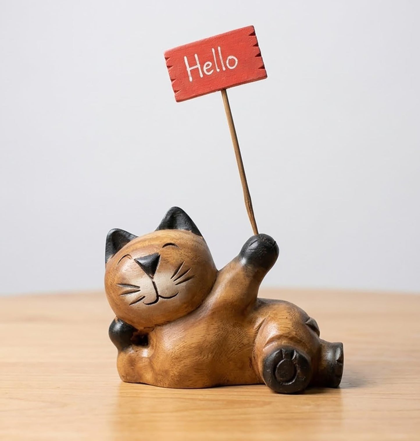 AHZGBL Wooden Cat Figurine, Hand Carved Solid Wood Cat Statue from Thailand, Handcrafted Home Decor for Living Rooms, Restaurants, Bars, Cafes, Whimsical Collectibles for Cat Lovers (Welcome Cat)