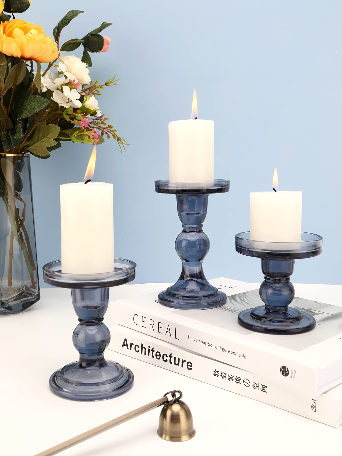 Lewondr Glass Candle Holders, 3 Pieces Crystal Clear Candlesticks with Elegant Design for Pillar Taper Candle and Tea Light, Home Table Living Room Wedding Party Decorations Home Décor - Smoky Blue