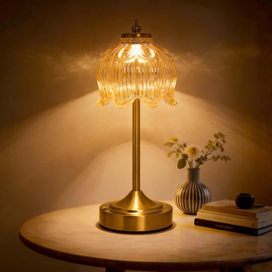 LuxLegacy Flower Glass Shower Lamp Rechargeable Cordless Crystal Small Table Lamp with Touch Control 3 Color Dimmable Ambient Night Light for Bathroom Spa Bedroom Nightstand Home Decor Gift